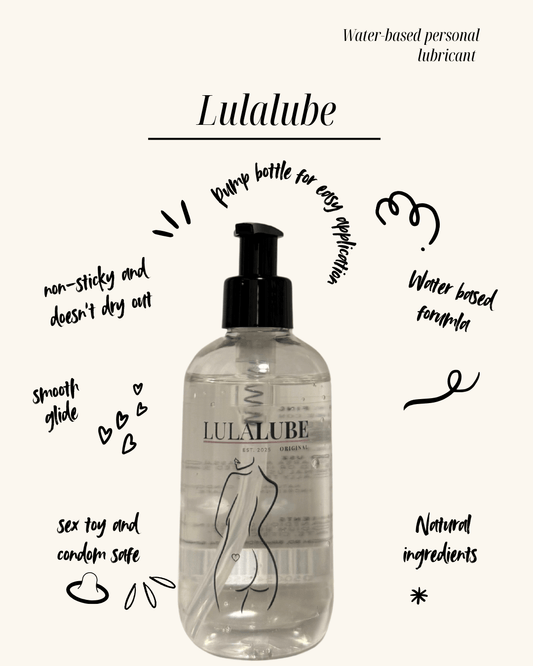 Lulalube water based lubricant displayed, pump bottle with easy application, water based forumla and natural ingredients